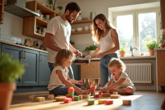 Couple cuisine en famille dans une cuisine lumineuse