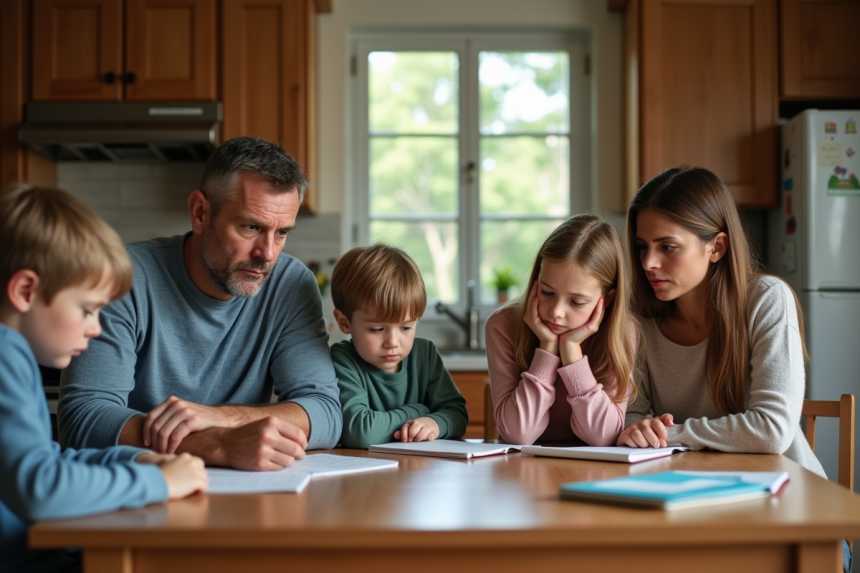 Famille de quatre autour d'une table cuisine tendue