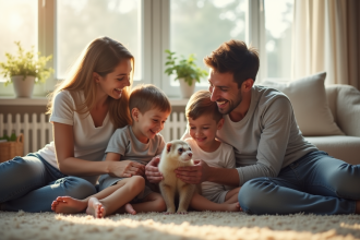 Famille heureuse découvrant un ferret dans le salon lumineux