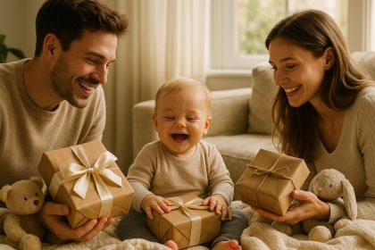 Photo hyperrealiste d une famille heureuse dans un salon ensoleille avec un bebe souriant