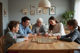 Famille multigenerational jouant à un jeu de société dans un salon lumineux