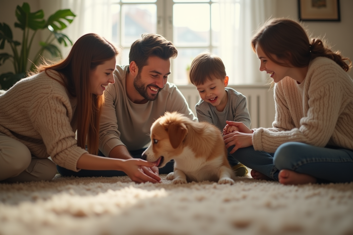Famille riant en jouant avec leur chien dans le salon