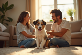 Famille heureuse jouant avec un chiot Australian Shepherd