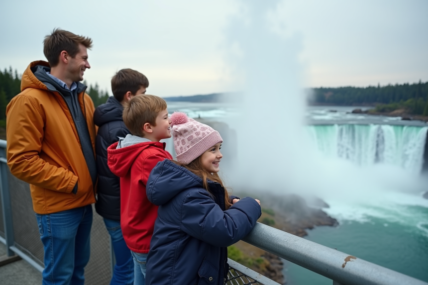 Famille souriante admirant les chutes du Niagara