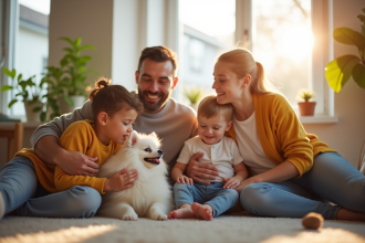 Famille heureuse jouant avec un pomeranian blanc dans un salon lumineux