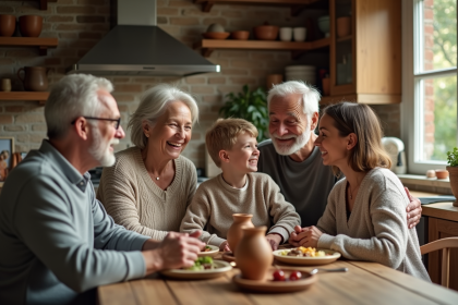 Famille multigenerational partageant un repas convivial à la maison