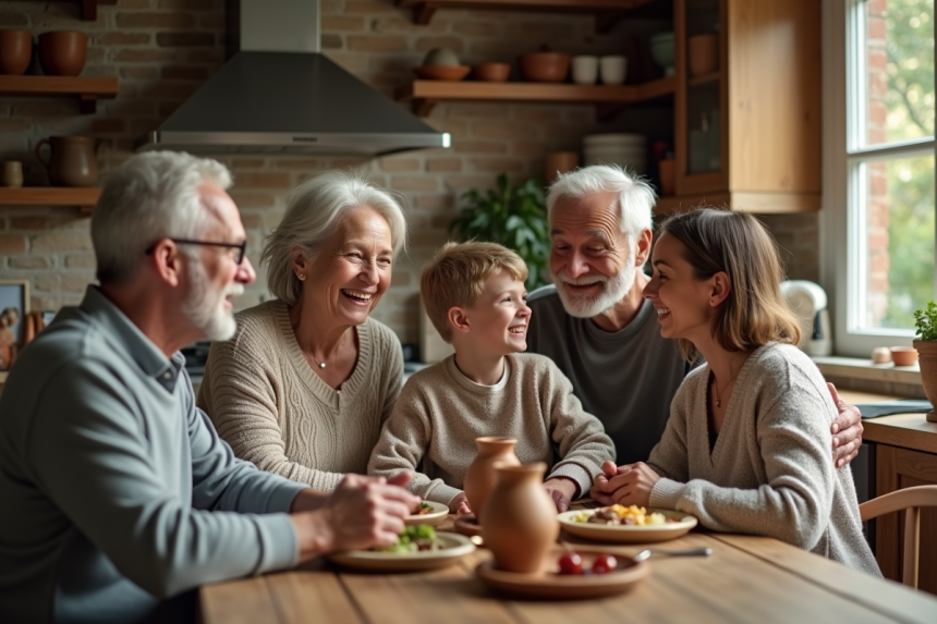Famille multigenerational partageant un repas convivial à la maison