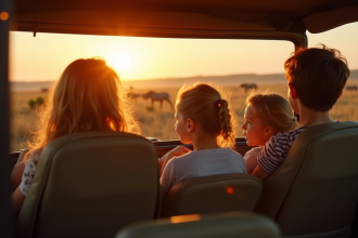 Famille dans un safari au coucher du soleil avec animaux sauvages