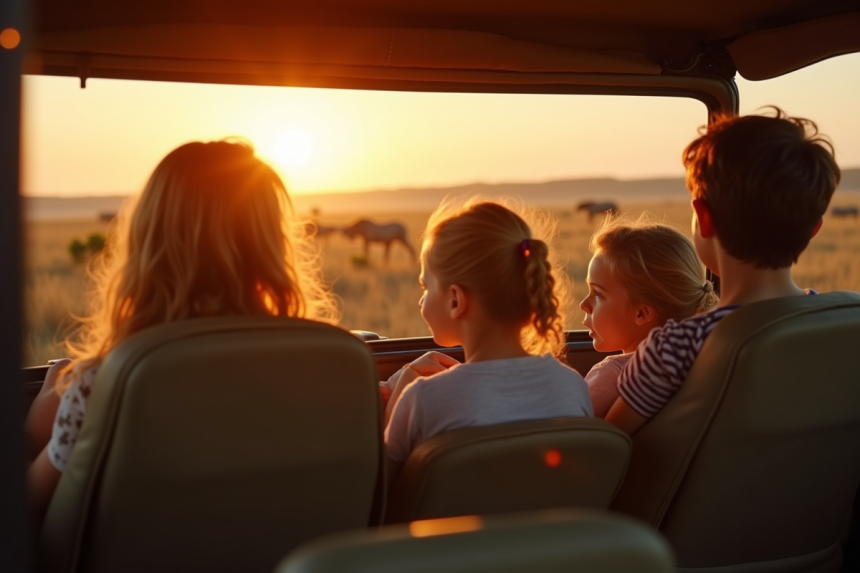 Famille dans un safari au coucher du soleil avec animaux sauvages