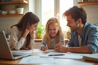 Famille souriante à la table de cuisine avec fournitures scolaires