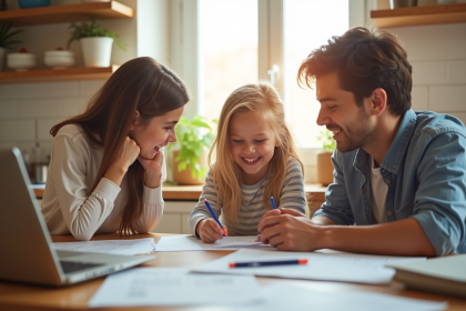 Famille souriante à la table de cuisine avec fournitures scolaires