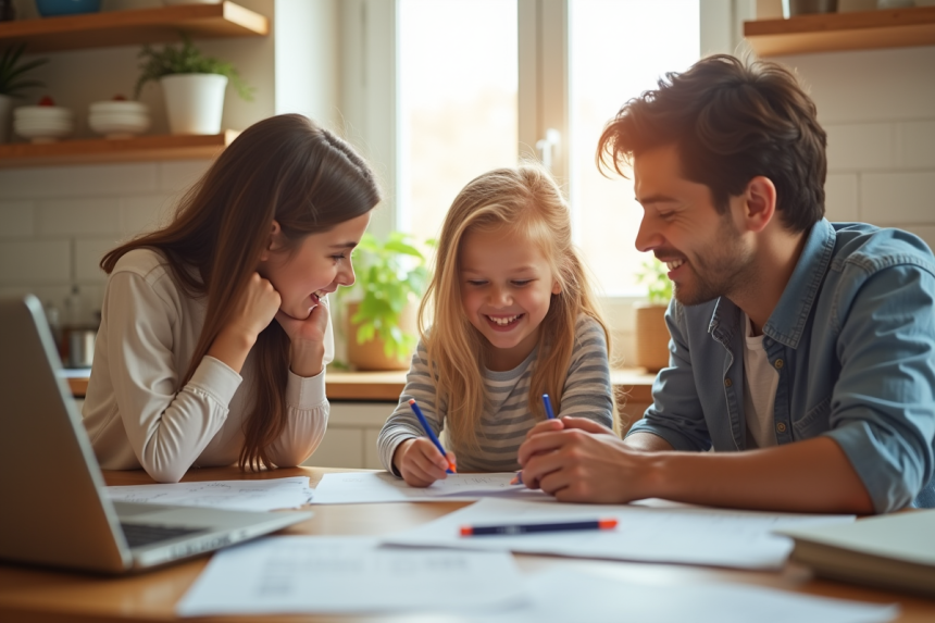 Famille souriante à la table de cuisine avec fournitures scolaires