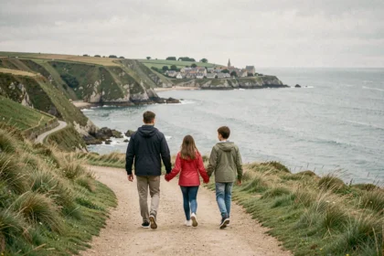 Famille en balade sur le littoral du Pas-de-Calais avec falaises et mer en arrière-plan