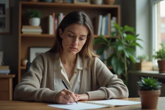 Femme pensant lisant une lettre dans son bureau à domicile