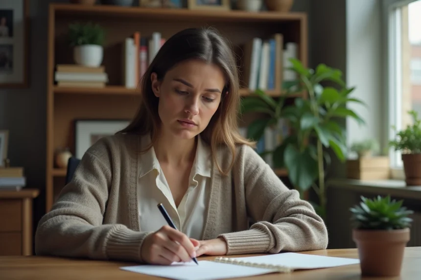 Femme pensant lisant une lettre dans son bureau à domicile