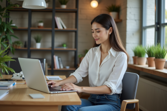Femme en bureau moderne utilisant un ordinateur portable