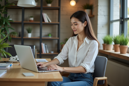 Femme en bureau moderne utilisant un ordinateur portable