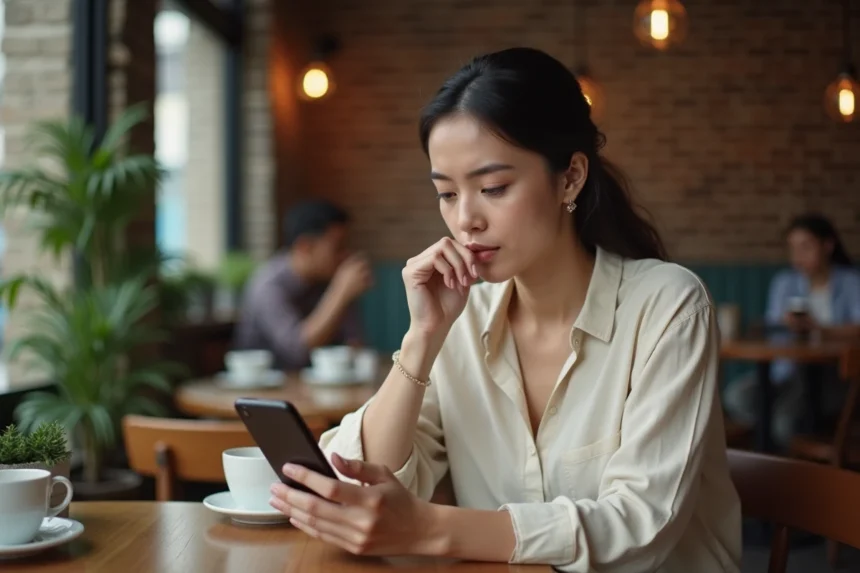 Femme dans un café rédigeant un message d'anniversaire cordial à son ex sur son smartphone