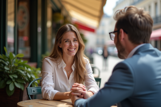 Femme souriante dans un café parisien en terrasse