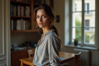 Femme élégante et discrète dans un appartement parisien, symbolisant un personnage public dont la vie privée reste dans l'ombre