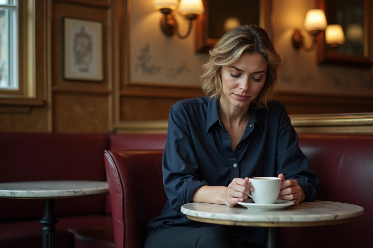 Femme élégante et discrète attablée dans une brasserie parisienne, évoquant la vie privée loin des médias