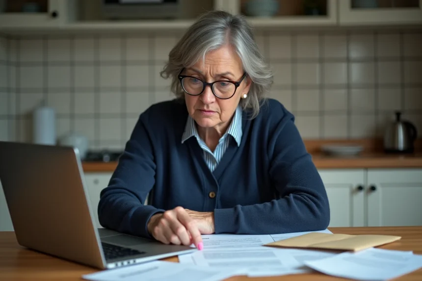 Femme consultant des documents administratifs CAF sur un ordinateur portable à la maison, expression dubitative face à des informations floues sur une prétendue prime de dénonciation