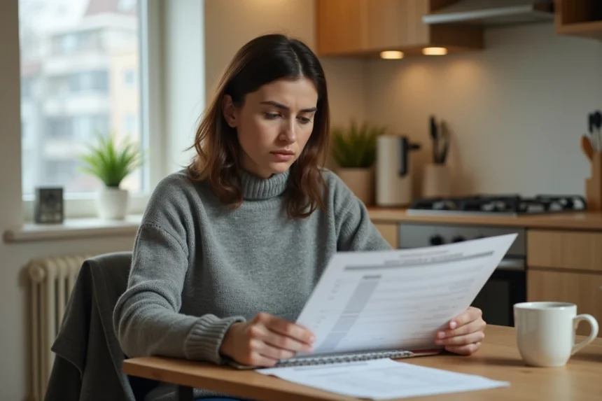 Femme consultant des documents administratifs liés au versement du RSA 2026 à son domicile