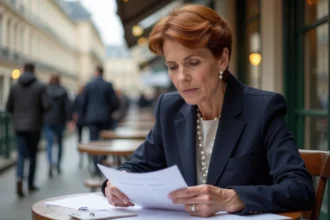 Femme élégante aux cheveux auburn courts assise à une terrasse de café parisien, vêtue d'un blazer marine, consultant des documents avec une expression réfléchie