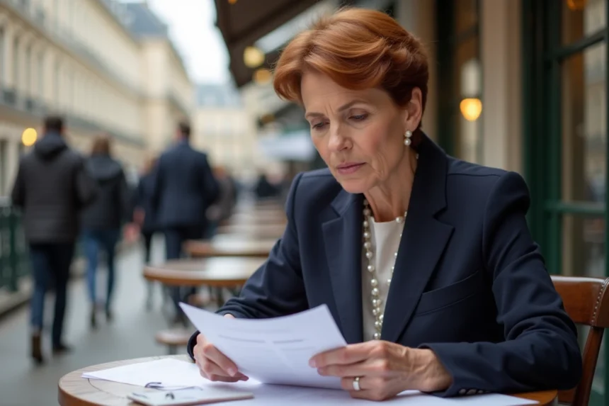 Femme élégante aux cheveux auburn courts assise à une terrasse de café parisien, vêtue d'un blazer marine, consultant des documents avec une expression réfléchie