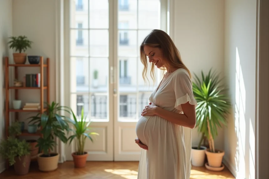 Femme enceinte en robe crème tenant son ventre dans un appartement parisien lumineux en 2026