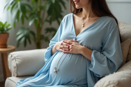 Femme enceinte portant bola en argent dans un salon cosy