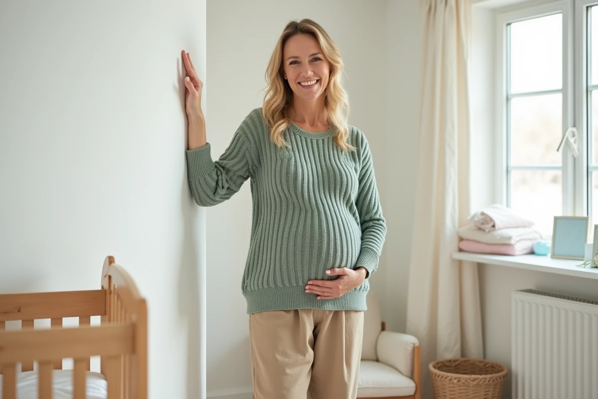 Femme enceinte souriante dans une chambre de bébé en cours de décoration avec berceau en bois en 2026