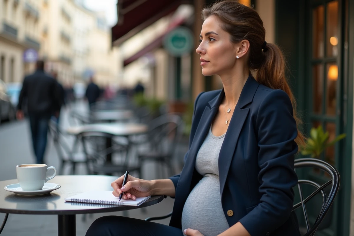 Femme enceinte élégante assise à une terrasse de café parisien avec carnet et café en 2026