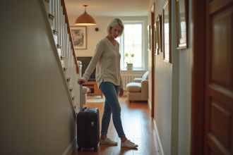 Femme d'une quarantaine contemplant dans un couloir familial