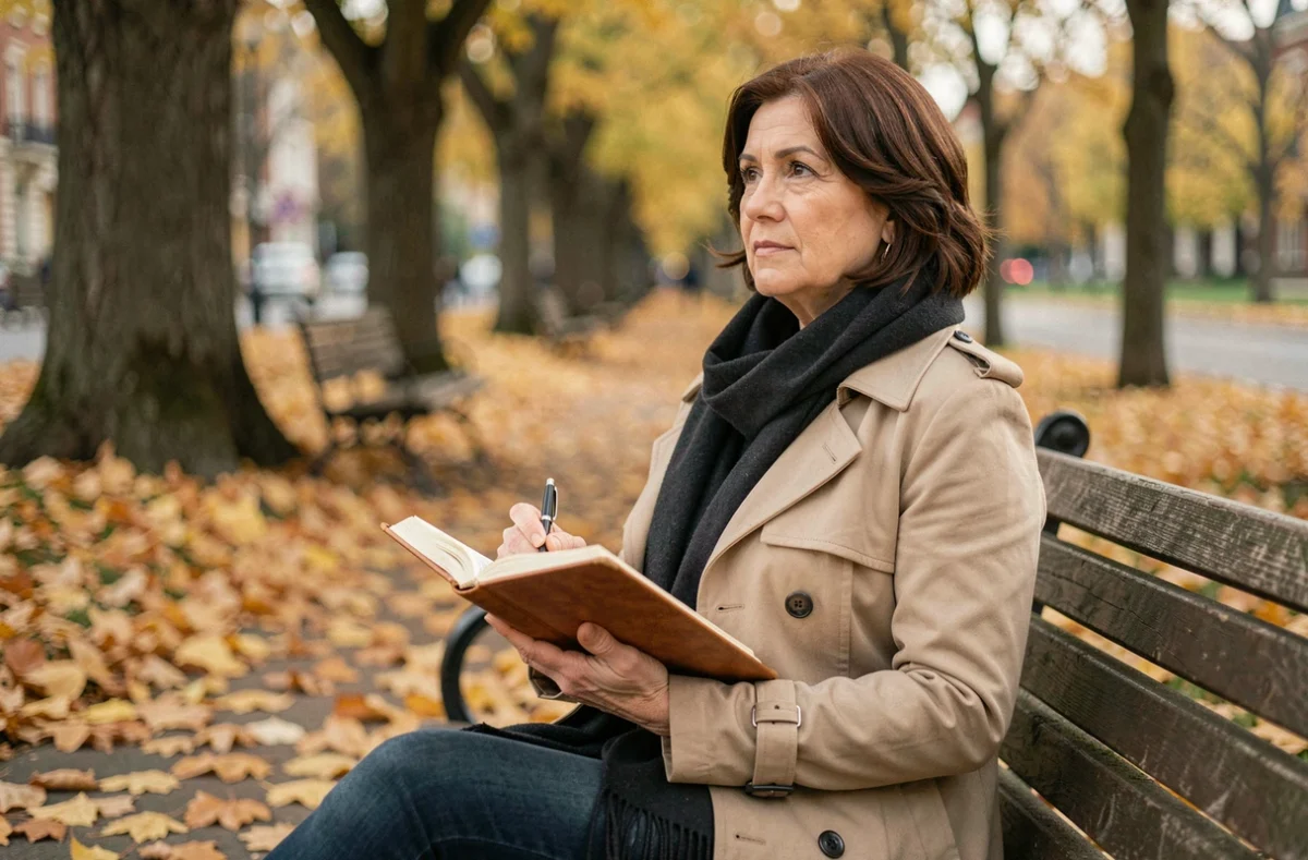 Femme écrivant dans un journal intime sur un banc de parc en automne, en souvenir de son père disparu