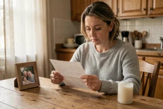 Femme tenant une lettre manuscrite en souvenir de son père décédé, posée à une table en bois avec une photo de famille et une bougie