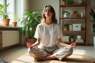 Jeune femme méditant dans un salon lumineux et végétal