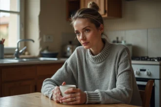 Femme d'une quarantaine d'années pensive à une table de cuisine, illustrant les réalités du divorce en France