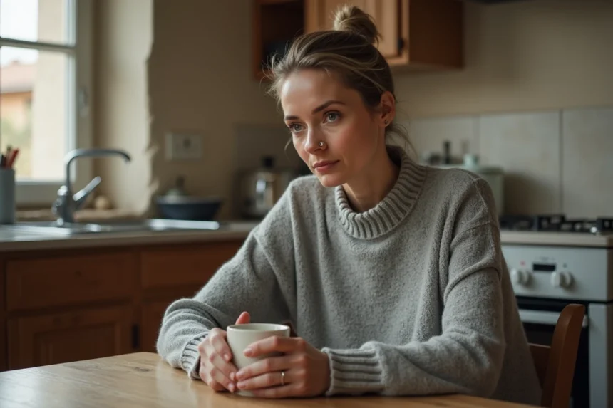 Femme d'une quarantaine d'années pensive à une table de cuisine, illustrant les réalités du divorce en France