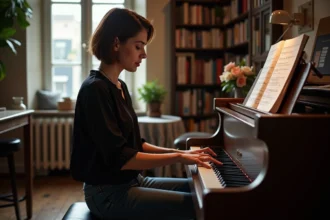 Femme assise au piano avec paroles manuscrites