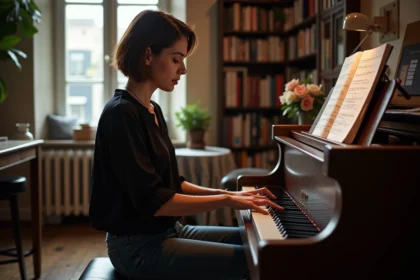 Femme assise au piano avec paroles manuscrites