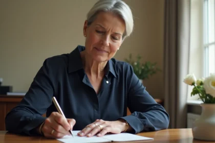 Femme écrivant un faire-part de condoléances à la main avec un stylo plume sur un bureau en bois