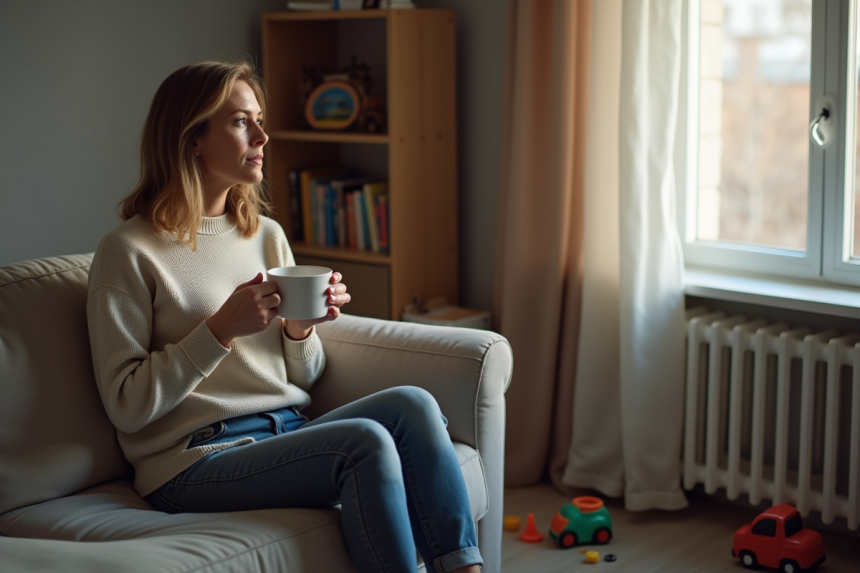 Femme assise pensivement dans son salon avec tasse