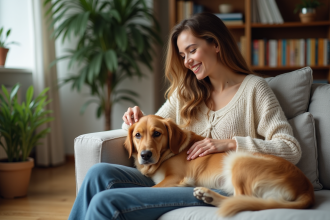 Jeune femme avec chien retriever dans un salon cosy