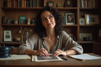 Femme réfléchissant à une photo sépia dans un bureau ancien