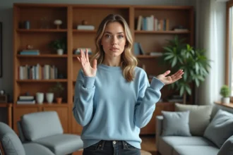 Femme en sweater bleu clair dans un salon moderne
