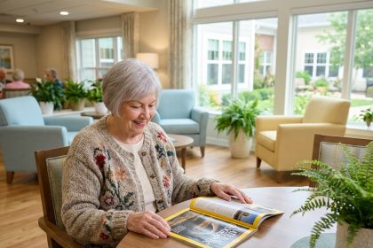 Femme senior souriante lisant un magazine dans un salon lumineux