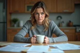 Femme stressée face à des documents judiciaires à la table de sa cuisine, illustrant l'anxiété liée à une audience JAF