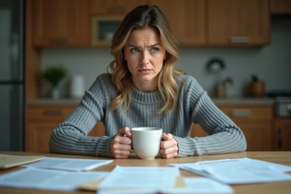 Femme stressée face à des documents judiciaires à la table de sa cuisine, illustrant l'anxiété liée à une audience JAF