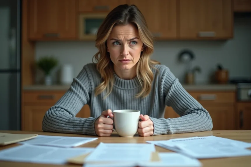 Femme stressée face à des documents judiciaires à la table de sa cuisine, illustrant l'anxiété liée à une audience JAF